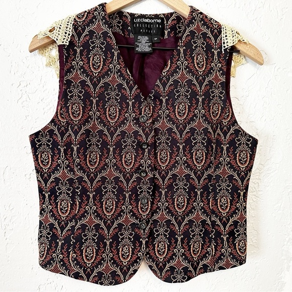 Vintage Liz Claiborne tapestry button down vest with crochet back collar size 6P - Picture 1 of 8